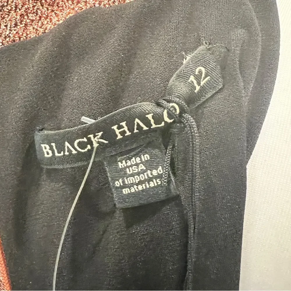 Black Halo Coralia Mini Dress Metallic Bow Neck Flounce Hem Copper Zest 12 NW - Picture 12 of 13